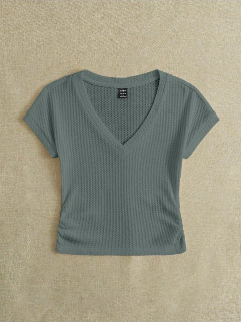 Waffle Knit V-Neck Short Sleeve Top - Slate Green